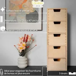 Lille Kommode - KREATIV DECO - 5 Skuffer - Naturligt Træ - 15x20,5x47 cm - Alsidig Naturlig