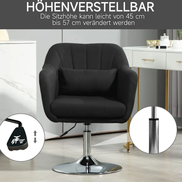 Lænestol loungestol med armlæn, lændepude, polstret afslapningsstol med metalstel, hørlook, højdejusterbar drejestol til soveværelse, stue, sort