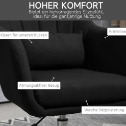 Lænestol loungestol med armlæn, lændepude, polstret afslapningsstol med metalstel, hørlook, højdejusterbar drejestol til soveværelse, stue, sort
