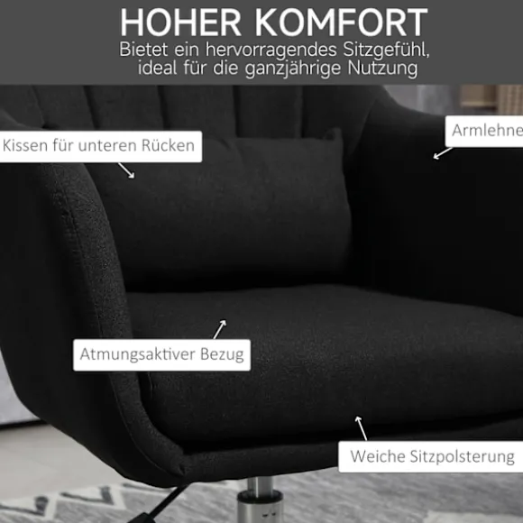 Lænestol loungestol med armlæn, lændepude, polstret afslapningsstol med metalstel, hørlook, højdejusterbar drejestol til soveværelse, stue, sort