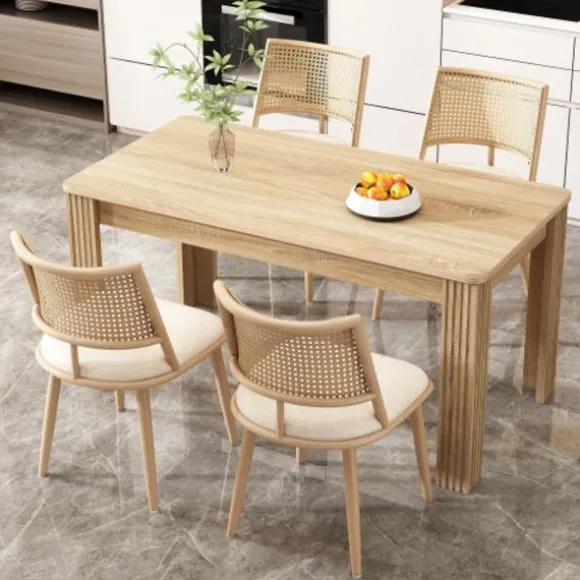 Lænestol med rattanryglæn og PU-sæde, beige stue stol til soveværelse og opholdsområde Beige
