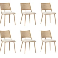Lænestol med rattanryglæn og PU-sæde, beige stue stol til soveværelse og opholdsområde Beige