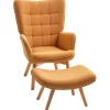 Lænestol med skammel, fløjstol med høj ryg, træben, tuftet design fløjlsbuks-look loungestol til stuen, brun