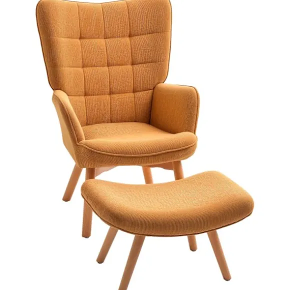 Lænestol med skammel, fløjstol med høj ryg, træben, tuftet design fløjlsbuks-look loungestol til stuen, brun