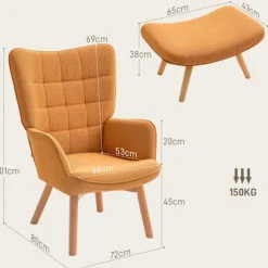 Lænestol med skammel, fløjstol med høj ryg, træben, tuftet design fløjlsbuks-look loungestol til stuen, brun