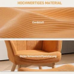 Lænestol med skammel, fløjstol med høj ryg, træben, tuftet design fløjlsbuks-look loungestol til stuen, brun
