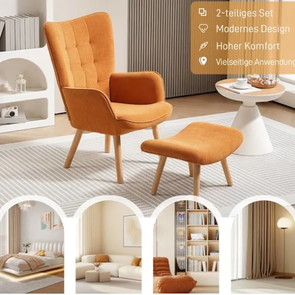 Lænestol med skammel, fløjstol med høj ryg, træben, tuftet design fløjlsbuks-look loungestol til stuen, brun