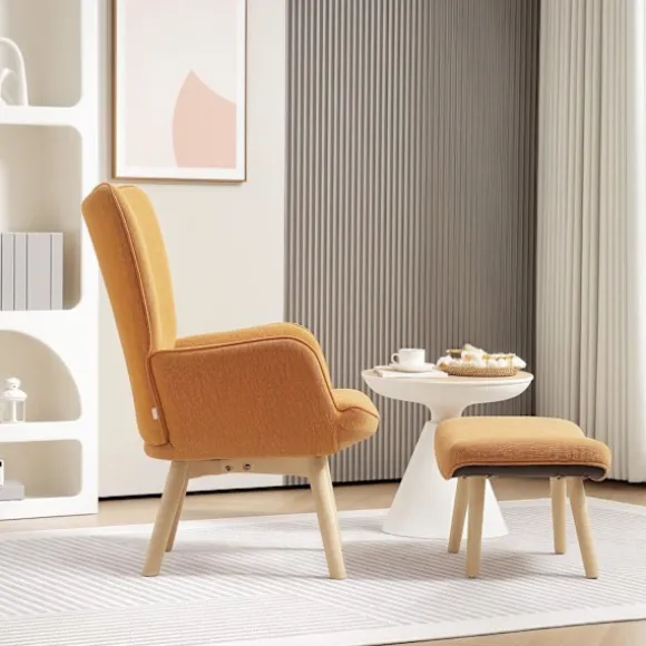 Lænestol med skammel, fløjstol med høj ryg, træben, tuftet design fløjlsbuks-look loungestol til stuen, brun