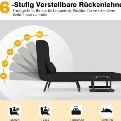 Lænestolsseng med sengefunktion, klapsofa, sovesofa med justerbart ryglæn og aftagelig hynde, sort