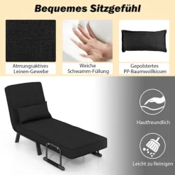 Lænestolsseng med sengefunktion, klapsofa, sovesofa med justerbart ryglæn og aftagelig hynde, sort