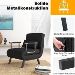 Lænestolsseng med sengefunktion, klapsofa, sovesofa med justerbart ryglæn og aftagelig hynde, sort