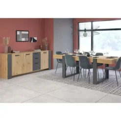 LOFT skænk + bordsæt - PARISOT - Artisan eg og grå - 3 døre - 8 personer Ek