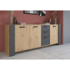 LOFT skænk + bordsæt - PARISOT - Artisan eg og grå - 3 døre - 8 personer Ek