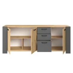LOFT skænk - Håndværker eg og skyggegrå melamin indretning - 3 låger og 3 skuffer - L 220 x D 52 x H 86,5 cm - PARISOT Ek och Grå