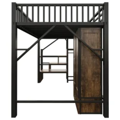 Loftseng i metal 140x200cm med stort klædeskab & skuffer, opbevaringsstige & gelænder, sort Black