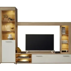 LOGO 3-delt TV skabssæt - 1 dør - LED - Lys eg og mat hvid melamin - L240 x D41 x H185 cm - TRENDTEAM Strukturerad ljus ek och matt vit
