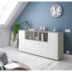 LOIRA skænk - Melamin - Artik hvid og cement - 3 låger + 3 opbevaringsnicher - L 150 x D 41 x H 76 cm artik vit och cement
