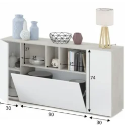LOIRA skænk - Melamin - Artik hvid og cement - 3 låger + 3 opbevaringsnicher - L 150 x D 41 x H 76 cm artik vit och cement