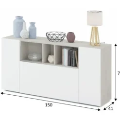 LOIRA skænk - Melamin - Artik hvid og cement - 3 låger + 3 opbevaringsnicher - L 150 x D 41 x H 76 cm artik vit och cement