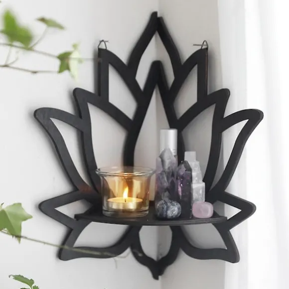 Lotus Hjørnehylde Trævægmonteret Flydende Hylde Dekorativ Blomst Plante Display Hylde til Soveværelse