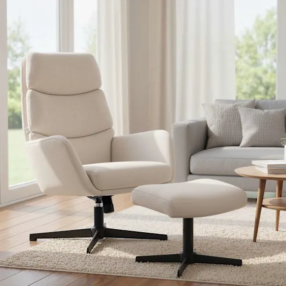 Loungestol med fodskammel, høj ryg, metalfod, beige