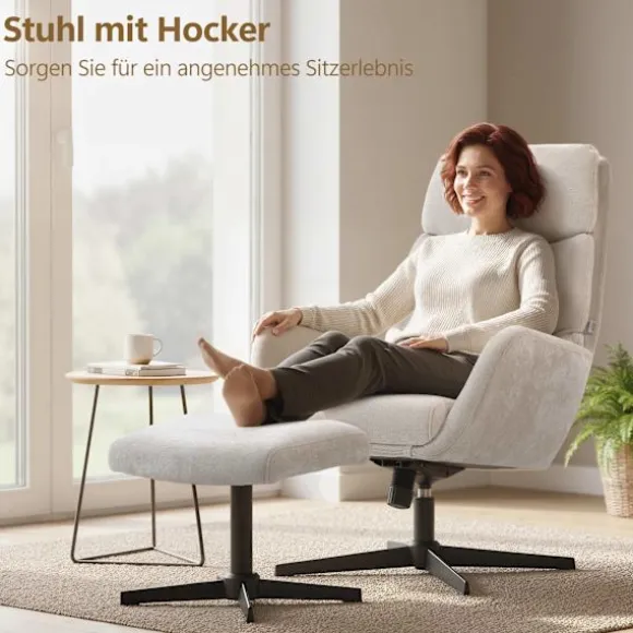 Loungestol med fodskammel, høj ryg, metalfod, beige