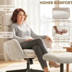 Loungestol med fodskammel, høj ryg, metalfod, beige