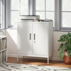 Låsbart stålskab, 2 døre, justerbare hylder, hvid