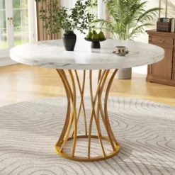 Luksuriøst rundt spisebord 80 cm, marmor MDF-plade og guld ben, letvægtsbord til 4-6 personer, spisestue Golden