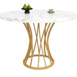 Luksuriøst rundt spisebord 80 cm, marmor MDF-plade og guld ben, letvægtsbord til 4-6 personer, spisestue Golden
