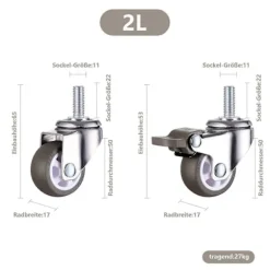 M10 Drejelige Hjul med Bremse - Kraftige Drejelige Gummihjul - Gevinddiameter: 10 mm, Længde: 25 mm - Sæt med 2 Hjul med Bremse + 2 Hjul uden