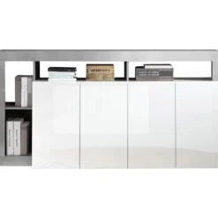 MAESTRO skænk - Beton og blank lakeret hvid indretning - 4 låger - L 184 x D 42 x H 93 cm Betongeffekt & Blank Vitlackerad