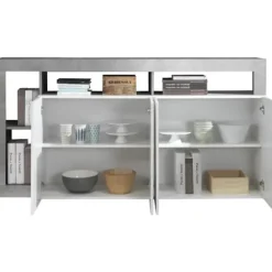 MAESTRO skænk - Beton og blank lakeret hvid indretning - 4 låger - L 184 x D 42 x H 93 cm Betongeffekt & Blank Vitlackerad