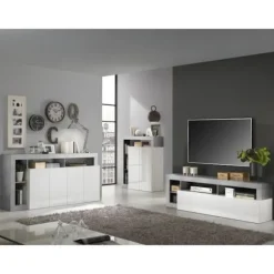 MAESTRO skænk - Beton og blank lakeret hvid indretning - 4 låger - L 184 x D 42 x H 93 cm Betongeffekt & Blank Vitlackerad