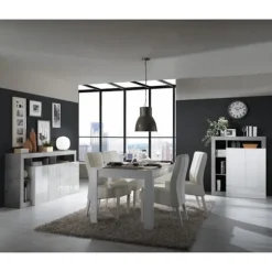 MAESTRO skænk - Beton og blank lakeret hvid indretning - 4 låger - L 184 x D 42 x H 93 cm Betongeffekt & Blank Vitlackerad