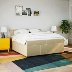 Maison Exclusive - Sengebund med lameller og madras Creme 200x200 cm Stof