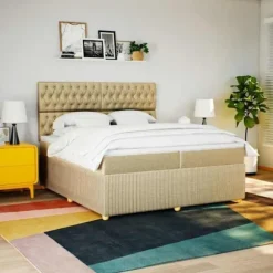 Maison Exclusive - Sengebund med lameller og madras Creme 200x200 cm Stof