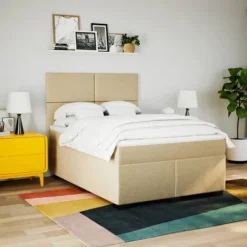Maison Exclusive - Sengebund med lameller og madras Creme 140x200 cm Stoff