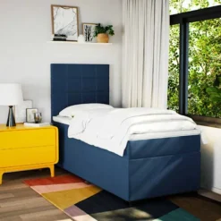 Maison Exclusive - Sengebund med lameller og madras Blå 90x190 cm Stof