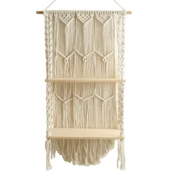 Makrame Væghængt Hylde Boho Træ Flydende Hylder Makrame Tapestry Rack
