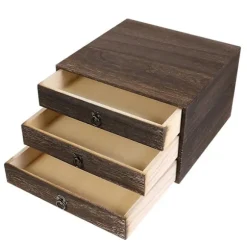 Massivt træ opbevarings skrivebordsskuffe retro skuffe-type skrivebords opbevaringsboks (3 lag) (25,5X24,5X15,5CM, brun)