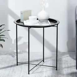 Metal Sidebord, vandafvisende med buet kantdesign, sammenklappeligt, letvægts sidebord til indendørs og udendørs rum, rustfri konstruktion