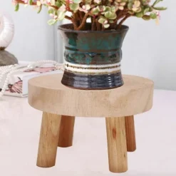 Mini Rund Naturlig Træskammel, Blomsterpottestativ, Haveskammel, - 3,5