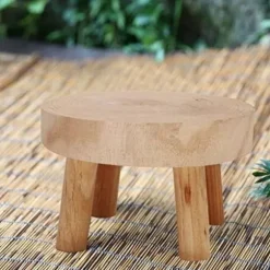 Mini rund taburet i naturligt træ, holder til urtepotte, havetaburet – 8,9 cm høj, naturligt træ
