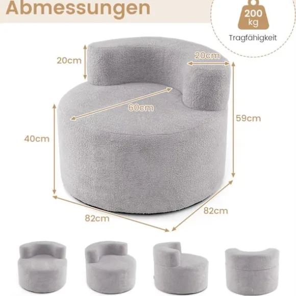 Måneformet sækkestol med blød teddyfleece, grå