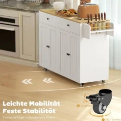 Mobil køkkenø, 2 skuffer, krydderirækkel, MDF, hvid