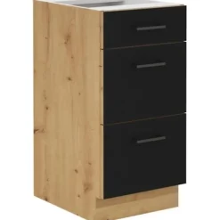 MODENA - Lavtskabe til gryder - 3 skuffer - 40 x 52 x 82 cm - Håndlavet eg / Mat sort - Bordplade ikke inkluderet Svart