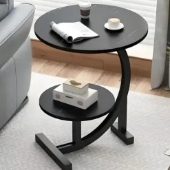 Moderne C-formet Sidebord – 2-lags Rundt Sofabord med Træhylde & Stålramme, Stabil & Let at Rengøre black