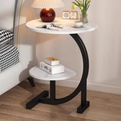 Moderne C-formet Sidebord – 2-lags Rundt Sofabord med Træhylde & Stålramme, Stabil & Let at Rengøre black
