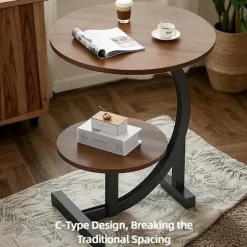 Moderne C-formet Sidebord – 2-lags Rundt Sofabord med Træhylde & Stålramme, Stabil & Let at Rengøre black